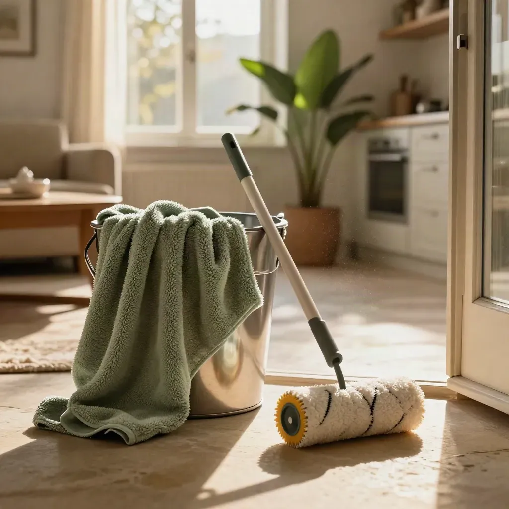 Teli in microfibra e rullo cattura-polvere tra salotto e cucina, luce calda sulla soglia.