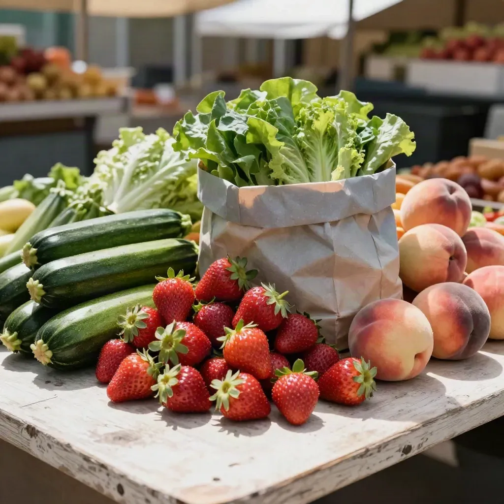 Mercato con fragole, zucchine, insalata, pesche e busta di carta su tavolo rustico.